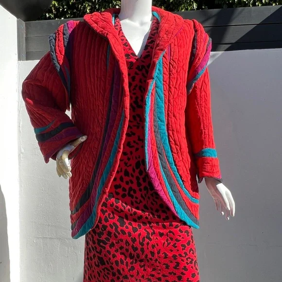 80s Bob Mackie Red Quilt Suede Jacket - Picture 11 of 14
